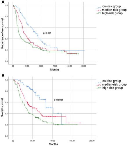 Figure 3 Kaplan–Meier survival curve for RFS (A) and OS (B) of patients with different risk groups.