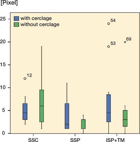 Figure 4. Measurement of rotator cuff strain with (n = 12) and without (n = 12) additive fiber-cerclage. SSC: M. subscapularis; SSP: M. supraspinatus; ISP+TM: M. infraspinatus and m. teres minor.