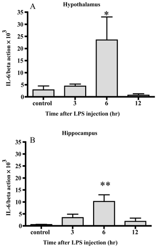 Figure 3 Changes in IL-6 mRNA. IL-6 mRNA increased 6 hrs after LPS injection in both the hypothalamus (A) and hippocampus (B). Data represent the mean ± SE. (n = 4–6, **:p < 0.01, *:p < 0.05).