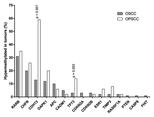 Figure 2. Promoter hypermethylation in early OSCC and OPSCC samples. Only genes with hypermethylation in at least one sample are illustrated.