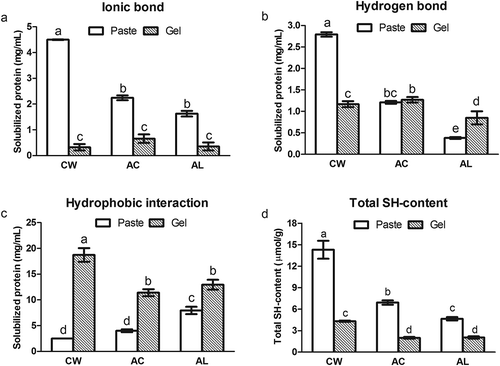 FIGURE 3 Chemical interactions in minced bighead carp muscles and their thermal gels (30 min at 90°C). A: Ionic bond; B: Hydrogen bond; C: Hydrophobic interaction; D: Total sulphydryl (SH) content. Means in columns with different letters were significantly different (p < 0.05). CW: conventional washing method, AC: acid-aided processing, AL: alkali-aided processing.