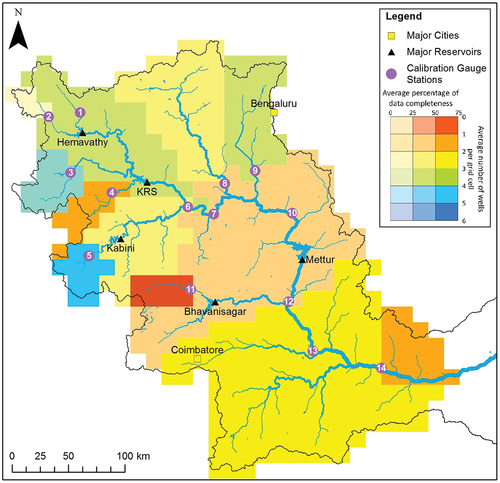 Figure B1. Density of groundwater wells for each sub-catchment, and average completeness of the data record for the period 2007-2014.