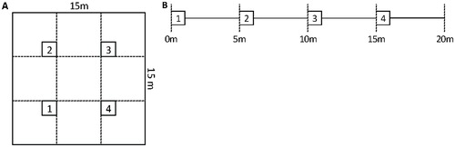 FIGURE 2. Sampling design and position of pinpoint frames (a) in a 15 × 15 m square or (b) along a 20 m transect. The numbered squares correspond to pinpoint frame 1–4.