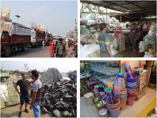 Photos 5–8. Clockwise from top left: (5) A stream of lorries on National Highway 12 near Sujapur. The highway is essential in the supply of plastic waste from all over the region. (6) These cleaned and sorted plastics will go either to Delhi or Kolkata, or to a factory in Umarpur, 70 km south of Sujapur for further processing. (7) One of the owners of a plastic waste recycling unit at Sujapur. In the background, a pile of color-sorted plastics. (8) New buckets made out of recycled plastics as found in many shops all over the region (Photos by authors).