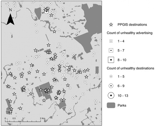 Figure 2. PPGIS neighbourhood destinations from children attending 1 primary and 1 intermediate school, located in close proximity to each other, in Auckland.