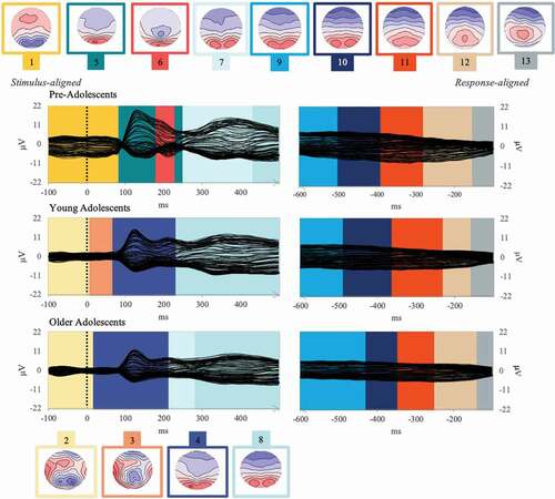 Figure 5. Group-averaged event-related potentials for the picture-naming task (Event-Related Potentials; 128 electrodes, each displayed as a black plotted line) for each group (pre-adolescents, young adolescents, and older adolescents) from 100 ms before stimulus onset to 500 ms and from −600 to 100 ms before vocal onset. The temporal distribution of the topographic maps in each data set revealed by the spatio-temporal segmentation analysis is superposed with code colors. The 13 corresponding template maps are displayed with positive values in red and negative values in blue.