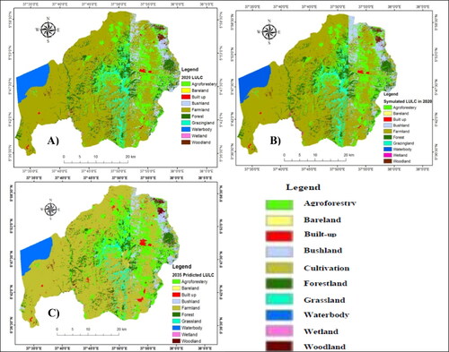 Figure 5. A = Actual LULC map of 2020, B = simulated LULC map of 2020, and C = predicted LULC map of 2035.