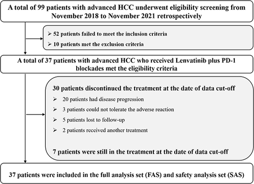 Figure 1 Study profile of this retrospective study regarding the feasibility and tolerance of lenvatinib plus PD-1 blockades for patients with unresectable advanced hepatocellular carcinoma.