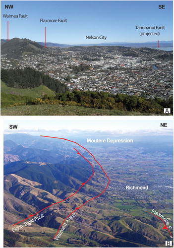 Figure 9. Main faults of the Nelson-Richmond urban area. A, Nelson City in relation to the fault-controlled morphological scarps of the Waimea and Flaxmore faults and the projected position of the Tahunanui Fault. B, Richmond in relation to the main strands of the Eighty-Eight, Waimea and Flaxmore faults (triangles on the hanging wall) on the foothills of the Barnicoat Range. The Flaxmore Fault continues to the SW but is concealed beneath alluvial cover in the plain (see Figure 3).