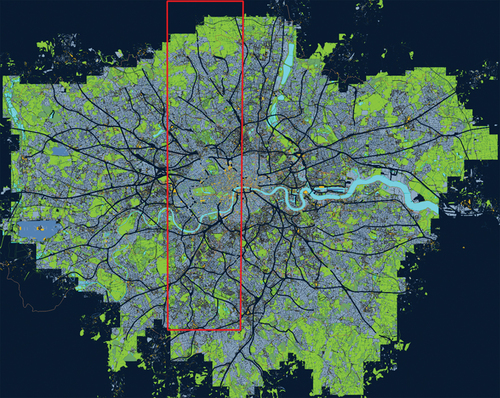 Figure 3. Overview map of the training and prediction data in greater London area (around 1600 km2). The prediction area is marked with a red polygon; data from the remaining areas is used for training the deep learning models. The city wayfinding map includes around 18,000 landmark labels and 96,000 road labels, all placed manually. © copyright Transport for London.
