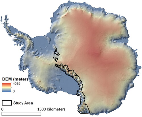 Figure 3. Locations of the Transarctic mountains (study area, black polygons) in the Antarctica. The background colored map (blue to red) is the Digital Elevation Model (DEM) with hillshade on top (70% transparency) at 7900 m resolution.