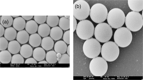 Figure 3. SEM image of PS PhC with sphere diameters: (a) 990 nm and (b) 1900 nm.