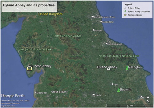 Figure 2. Map of Byland Abbey properties mentioned in this article and its geographical relationship to Furness Abbey, images courtesy of Google Earth.
