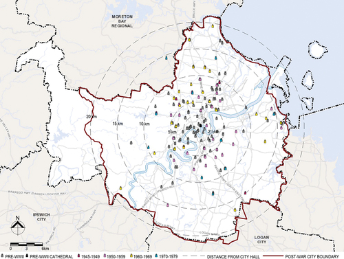 Figure 14. Mapping of Brisbane’s Church of England churches (Daunt 2020, with the base image from BCC City plan 2014 pd online mapping, accessed July 20, 2018; church building locations from “Queensland dataset”).