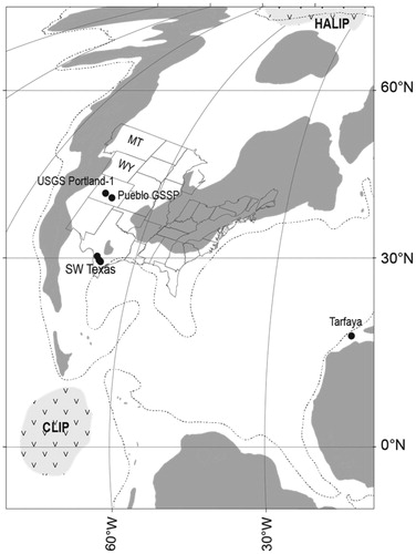 Figure 1. Turonian paleogeographical reconstruction with site locations: grey shaded area, landmass; dotted line, palaeo-shelf; CLIP, Caribbean Large Igneous Province; HALIP, High-Arctic Large Igneous Province. MT, Montana. WY, Wyoming. Colorado: Global Boundary Stratotype Section and Point, GSSP, for the base of the Turonian Stage and proposed GSSP for the base of the Middle Turonian Substage (Kennedy et al. Citation2000, Citation2005), Rock Canyon anticline, west of Pueblo (38°20.36’N, 104°31’W; Figure 2a); USGS Portland-1 core (38°22.36’N, 105°01.18’W). SW Texas localities (Figure 2b): Morocco: Tarfaya, on the eastern margin of the proto-Atlantic Ocean.