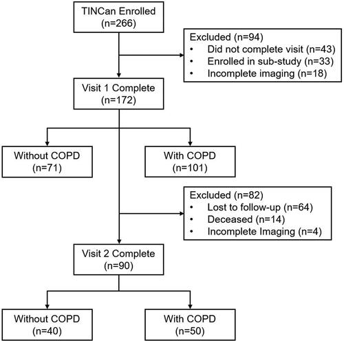 Figure 1. CONSORT diagram for the Thoracic Imaging Network of Canada (TINCan) cohort study. Of the 266 enrolled, 172 ex-smokers with and without COPD completed the baseline visit (Visit 1), while 90 ex-smokers completed the follow-up visit (Visit 2) and were included in the analysis.