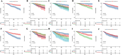 Figure 3 Kaplan–Meier curves of OS and RFS in each independent risk factor.(A). K-M curves of OS in FPAR; (B). K-M curves of OS in Grade; (C). K-M curves of OS in N-stage; (D). K-M curves of OS in TNM-stage; (E). K-M curves of OS in chemotherapy; (F). K-M curves of RFS in FPAR; (G). K-M curves of RFS in Grade; (H). K-M curves of RFS in N-stage;(I). K-M curves of RFS in TNM-stage; (J). K-M curves of RFS in chemotherapy).