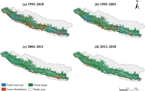 Figure 4. Spatial patterns of transboundary forest disturbance-recovery in each detection period. (a) 1995–2018, (b) 1995–2003, (c) 2004–2011, (d) 2012–2018.