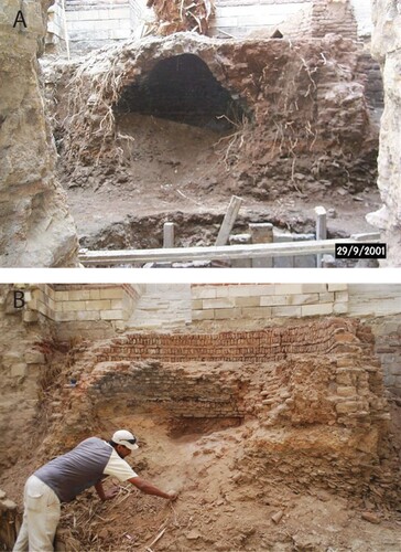 Figure 7. The Roman tower kiln. A) In 2001, during drainage works within the tower, prior to the collapse of the floor. B) In 2011, after excavation during preparation of the tower for public access (P. Sheehan).