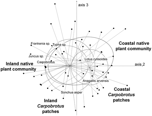 Figure 4. Non-metric multidimensional scaling analysis of seed density in the entire set of samples coming from four areas and three soil depths (63 samples × 28 species). Only the most correlated species are shown. Samples are grouped by sampled area.