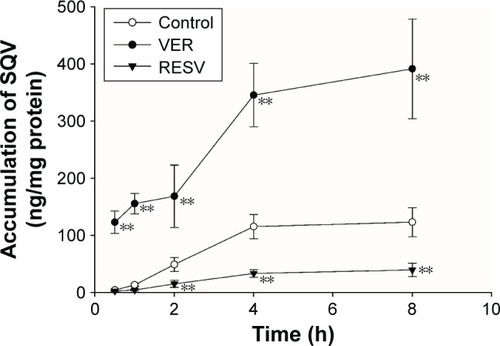 Figure 4 Effect of RESV on the accumulation of SQV in MDCKII-MDR1 cells.