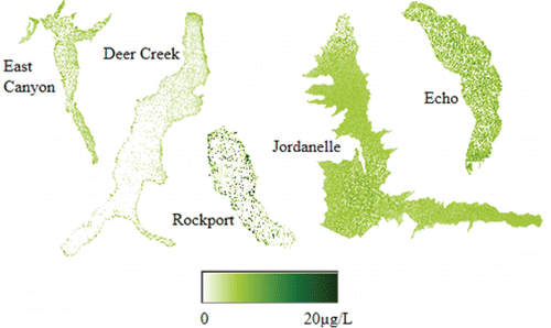 Figure 6 Estimated chlorophyll distribution for the Utah study reservoirs on 21 May 2003.