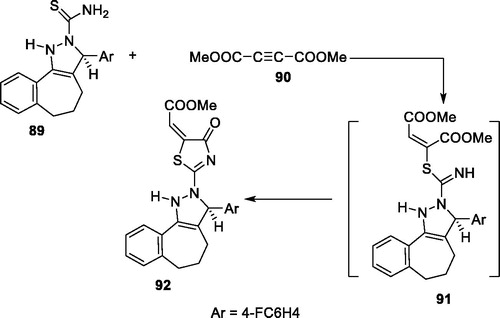 Scheme 26. Reaction of thioacetamide 89 with dimethyl acetylenedicarboxylate 92.