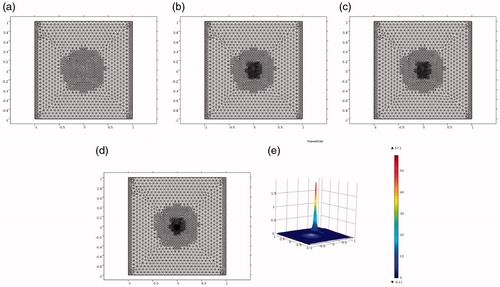 Figure 5. Test 3(a). (a)–(d) Locally adaptively refined meshes of Table 5. (e) Computed solution on the four times adaptively refined mesh (d).