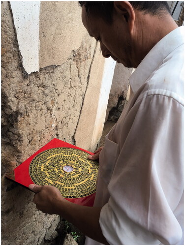 Figure 3 A fengshui compass is held horizontally in relation to a house. Tao the fengshui practitioner is reading the notes on the concentric rings and deciding on auspicious orientations. Photograph by Youcao Ren, 2017.