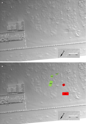 Figure 20. The 3D model following the LiDAR survey in October 2017 (16 months following interment) from which five graves could be identified (A); annotated (B).