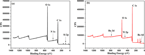 Figure 4. XPS spectrum of (a) pure cotton and (b) BaTiO3-coated fabric.