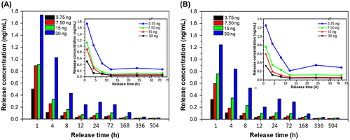 Figure 6. Single-point release of different, initial loading amounts of bFGF at different times following immersion in a solvent for (a) Pore I and (b) Pore II chitosan scaffolds. Inset: reduction trends for different loadings.