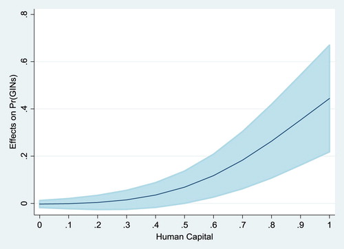 Figure 3. Average marginal effects of citizenship diversity on the probability to engage in GINs at specific levels of human capital (with 90% confidence intervals).