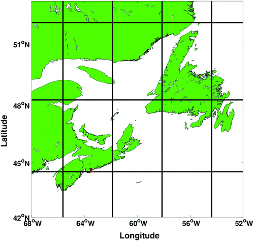 Fig. 1 Grid boxes from a general circulation model (CGCM3) with horizontal resolution of about 300 km by 400 km are plotted over Atlantic Canada. Observations used in this study were taken at Shearwater Airport, Nova Scotia, Canada (44.63°N, 63.5°W). Shearwater Airport (red dot) is about 4 km east of the downtown core of Halifax, Nova Scotia, Canada.