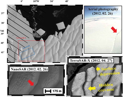 Figure 9. Comparisons of crevasse patterns in Landsat 7 ETM+, aerial photography, airborne, and spaceborne SAR images of Thwaites Ice Shelf terminus.