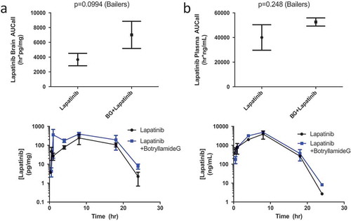 Figure 3. Lapatinib AUC in the brain of Mdr1a/Mdr1b knockout mice (n = 3 for each timepoint) when treated with lapatinib alone or in combination with botryllamide G (a) and exposure curve over 24 h. Lapatinib AUC in the plasma of wild-type mice (n = 3 for each timepoint) when treated with lapatinib alone or in combination with botryllamide G (b) and exposure curve over 24 h. Error bars represent mean standard deviation.