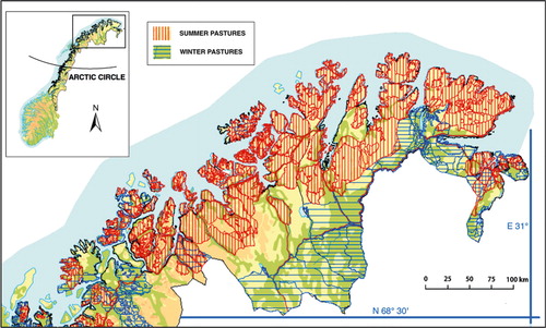 Fig. 1. Finnmark with summer (red) and winter (blue) pastures