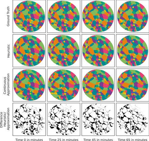 Figure 6. Visual comparison of diagrams obtained from full data (available for t0,…,t14) and the interpolation/extrapolation model that uses all data except for the respective moment in time. A fixed 2D slice through the 3D data set at times t0, t5, t9 and t13 (top row); the corresponding diagram representation obtained via H1 (2nd row) and, respectively, via the interpolation/extrapolation model that uses only data from the other moments in time and best-fitting quadratic polynomials (3rd row); symmetric difference between the images from the 2nd and 3rd row (bottom row).