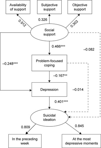 Figure 1 Structural equation model testing the direct and indirect relationships among social support, problem-focused coping, depression and suicidal ideation.