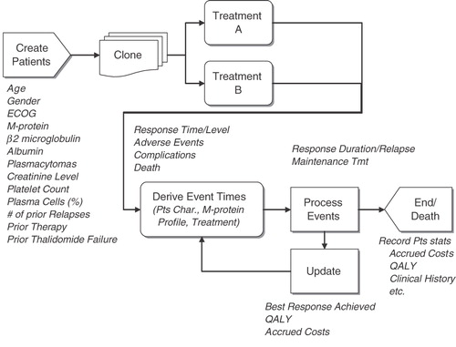 Figure 1.  Schematic representation of LEN/DEX model. ECOG, Eastern Cooperative Oncology Group; M-protein, monoclonal protein; Pts, patients; QALY, quality-adjusted life-year; Tmt, treatment.