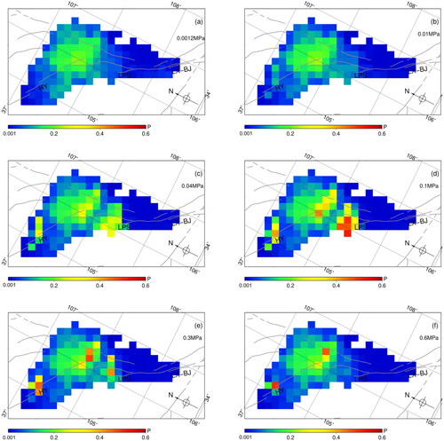 Figure 11. The earthquake occurrence probabilities associated with the different parameter aσ¯. (a) Aσ¯ is 0.0012 MPa, (b)  Aσ¯ is 0.01 MPa, (c)  Aσ¯ is 0.04 MPa, (d)  Aσ¯ is 0.1 MPa, (e)  Aσ¯ is 0.3 MPa, and (i)  Aσ¯ is 0.6 MPa.