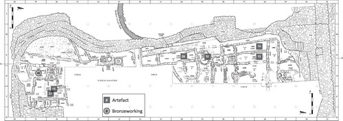 Fig. 12: Plan of Area D, Stratum II (Iron I), showing location of metal artefacts (numbers refer to Cat. Nos. in Table 1; illustration by Sapir Haad)