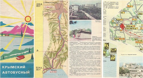 Figure 4. (a) Crimean Autobus strip map, 1974 – cover; (b) map 1 with gazetteer page facing. (c) Across Ukraine and Moldavia Tourist Route 210-68-01 (No 301) – extract showing Chisinau with rail and bus routes highlighted in red.