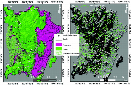 Figure 4. Land cover/use map generated from LANDSAT images (a), stream network drains Penang (b), showing the spatial association between the occurred landside locations (the white points) and the granite erosion by forest roots and stream network.