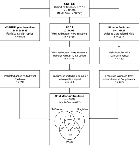 Figure 1 Flowchart for establishing the gold standard of wrist fractures for the participants of the OSTPRE study cohort from 2011 to 2021. The Venn diagram in the bottom box illustrates the overlap between different sources of fracture events in the gold standard.