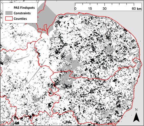 Fig 1 Findspots of PAS recorded finds (black areas) against places where metal-detecting is prohibited or restricted (grey areas) in East Anglia, eastern England. Some older finds may have been recorded with low spatial accuracy or recovered before an area became protected. Data: PAS, Robbins Citation2014.