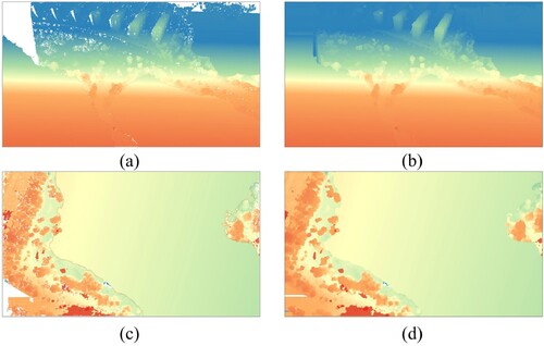 Figure 13. Depth map optimization results: (a) and (c) are the complemented depth maps; (b) and (d) are the optimized depth maps.