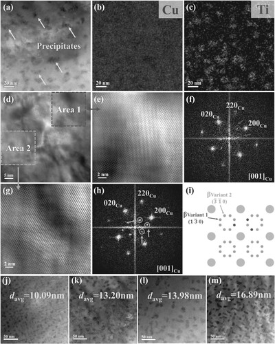 Figure 3. Measured microstructures of designed alloys: (a) STEM-HAADF image of the precipitates in Alloy 2# aged at 380°C for 48 h. (b) and (c) depict the elemental mappings for Cu and Ti, respectively, from the area shown in (a). Figures (e) and (f) respectively depict the magnified micrograph and FFT image of Area 1 in (d), while (g) and (h) correspond to Area 2;(i) the positions of β’-Cu4Ti tetragonal lattice diffraction spots along the [001]Cu axis [Citation34]; (j) shows the morphologies and average sizes of precipitates in Alloy 2# aged for 24 h; (k) for Alloy 1# aged for 48 h; (l) for Alloy 2# aged for 48 h; (m) for Alloy 3# aged for 48 h.