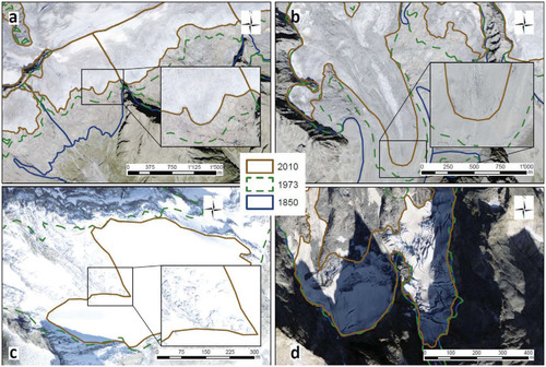 FIGURE 2. Examples of different situations encountered when mapping glacier outlines: (a) bare ice meets solid bedrock (Tellingletscher, 2011); (b) debris-covered marginal zones (Innre Baltschiedergletscher, 2011); (c) snow-covered marginal zones (Bächistockfirn, 2010); and (d) shadowy areas (Vadrec da la Trubinasca-E, 2009). Digitized outlines from 1850 (navy blue), 1973 (dashed green), and 2010 (brown) are overlain to the respective SWISSIMAGE orthophoto tile based on which the latest outline was drawn.