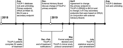 Figure 2. Key activities leading to changes to the primary endpoint and key secondary endpoints in the phase 3 TULIP-2 trial. BICLA: BILAG-based Composite Lupus Assessment; BILAG: British Isles Lupus Assessment Group; SRI(4): SLE Responder Index.